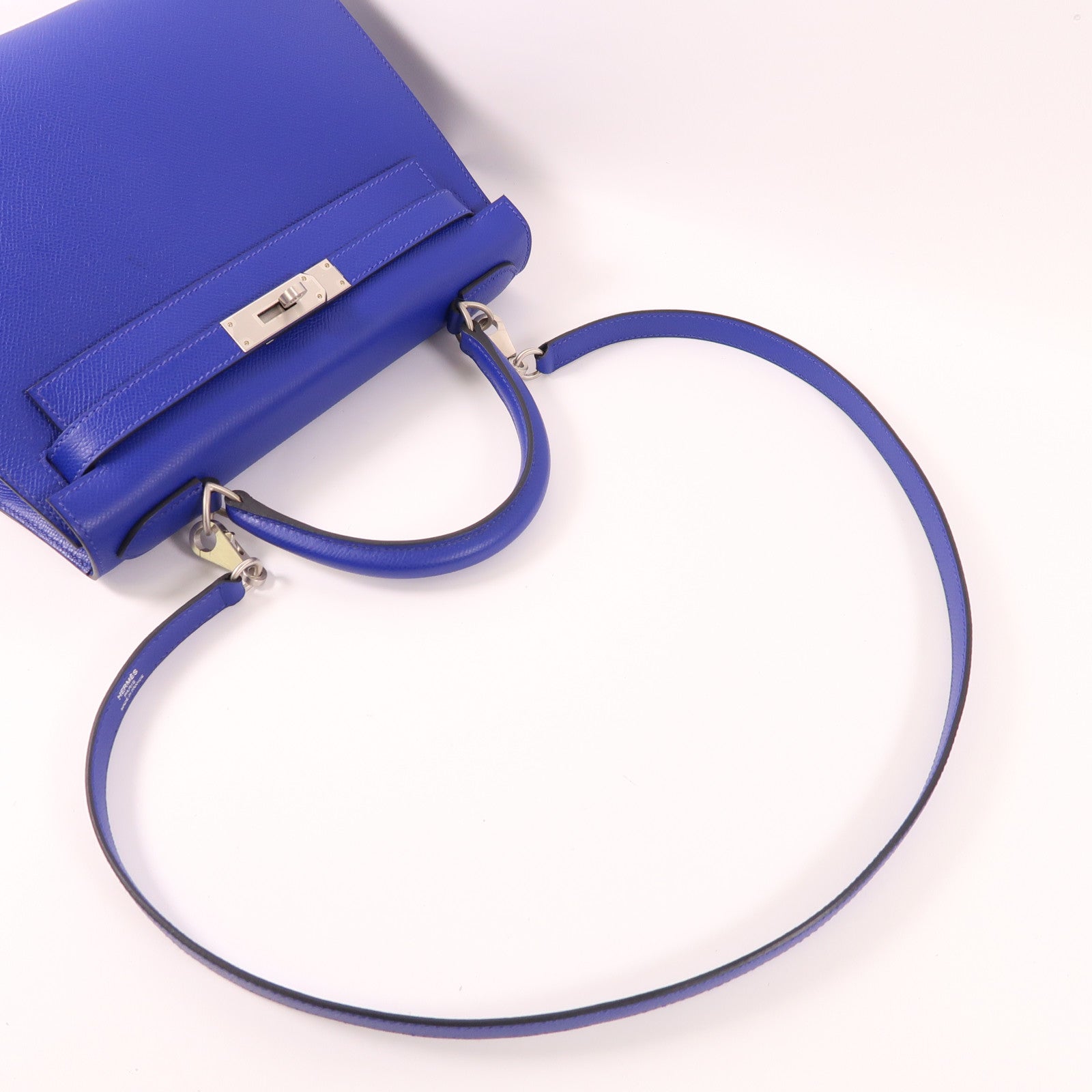 HERMES Epsom皮革Kelly 28銀扣手挽肩背兩用袋7T Bleu Electrique