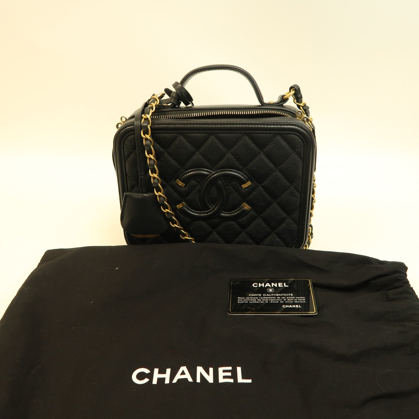 CHANEL 【激減優惠】菱格Caviar皮革Vanity Case金扣手挽肩背兩用袋黑色