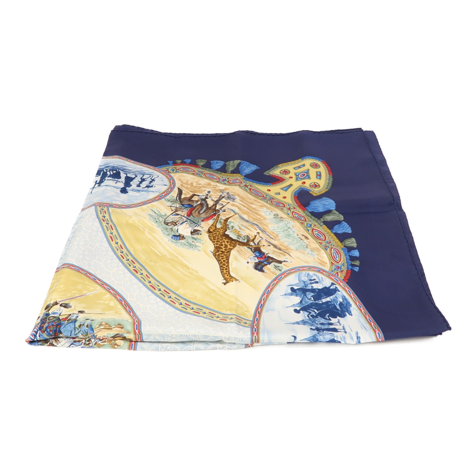HERMES 絲質Scarf 90X90cm絲巾深藍色/彩色