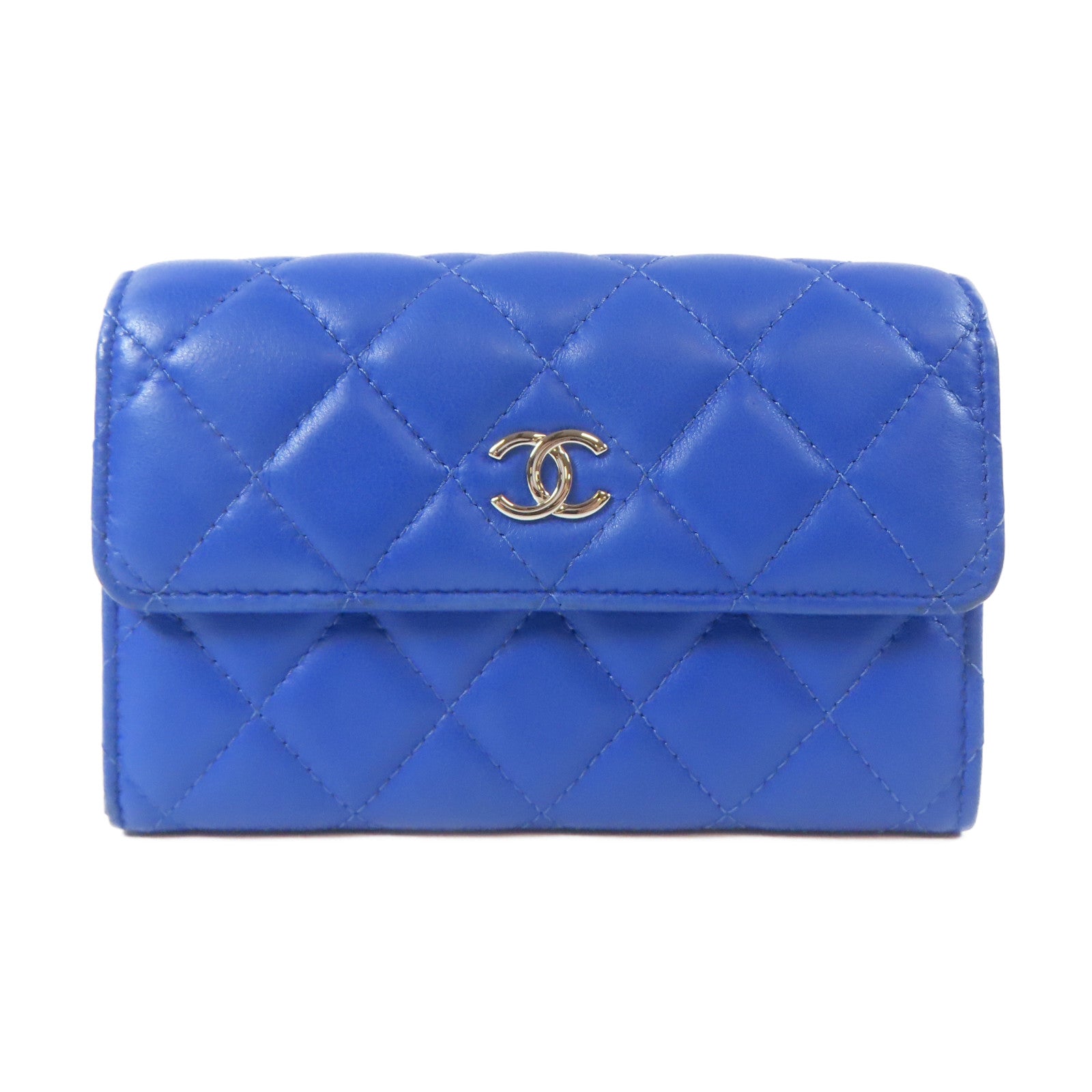 CHANEL 菱格羊皮皮革Wallet銀扣錢包藍色