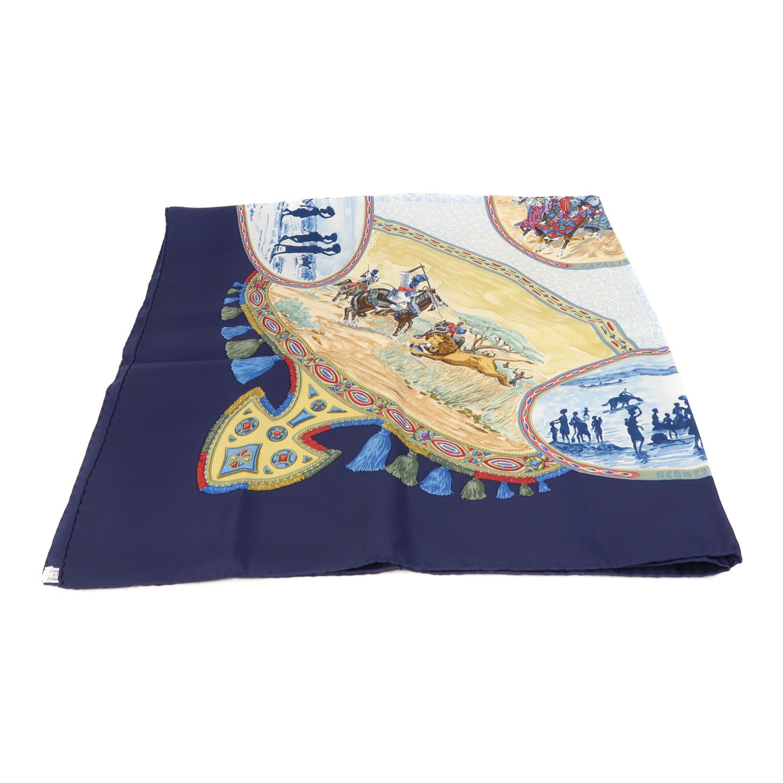 HERMES 絲質Scarf 90X90cm絲巾深藍色/彩色