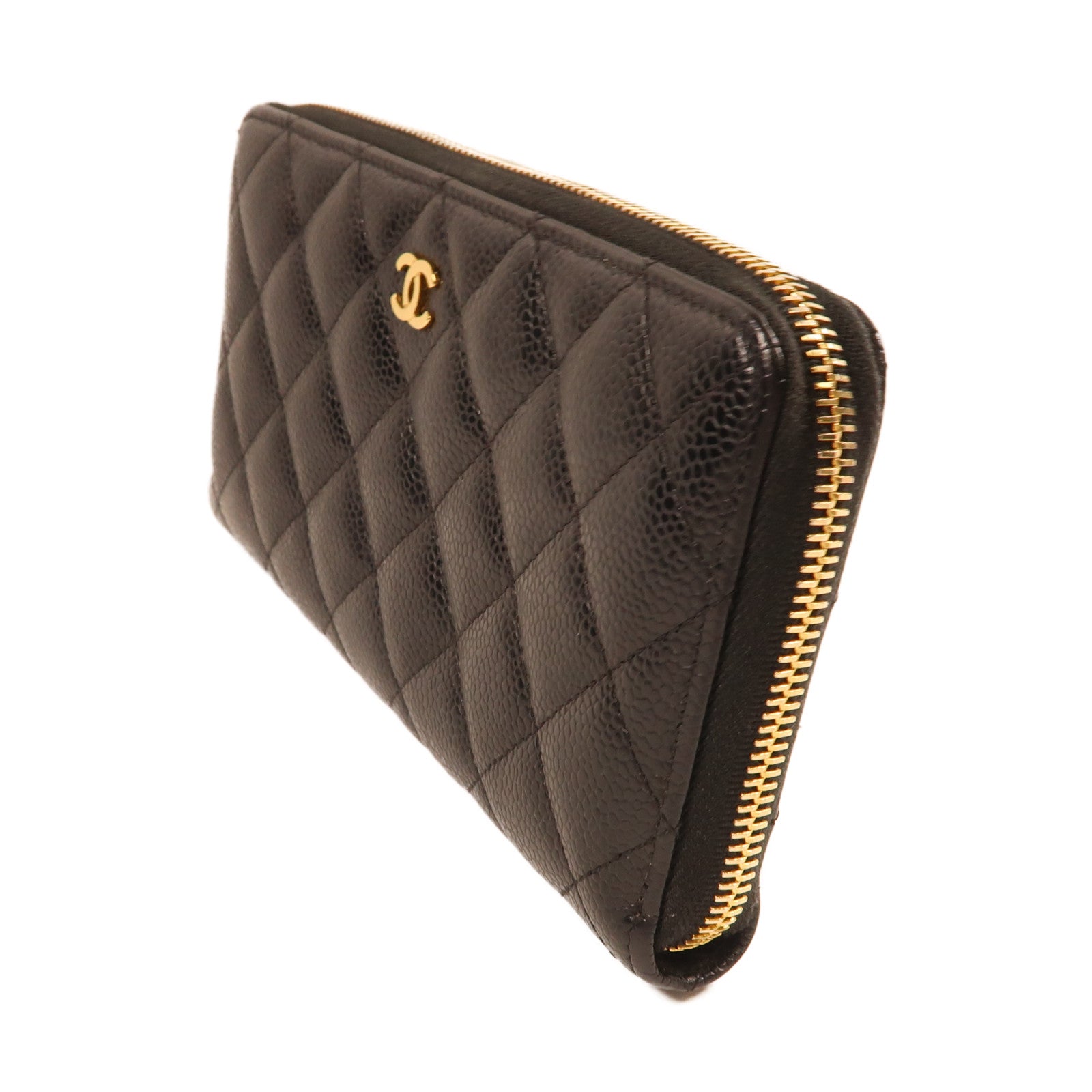 CHANEL 牛皮皮革Zipper Long Wallet金扣長錢包黑色