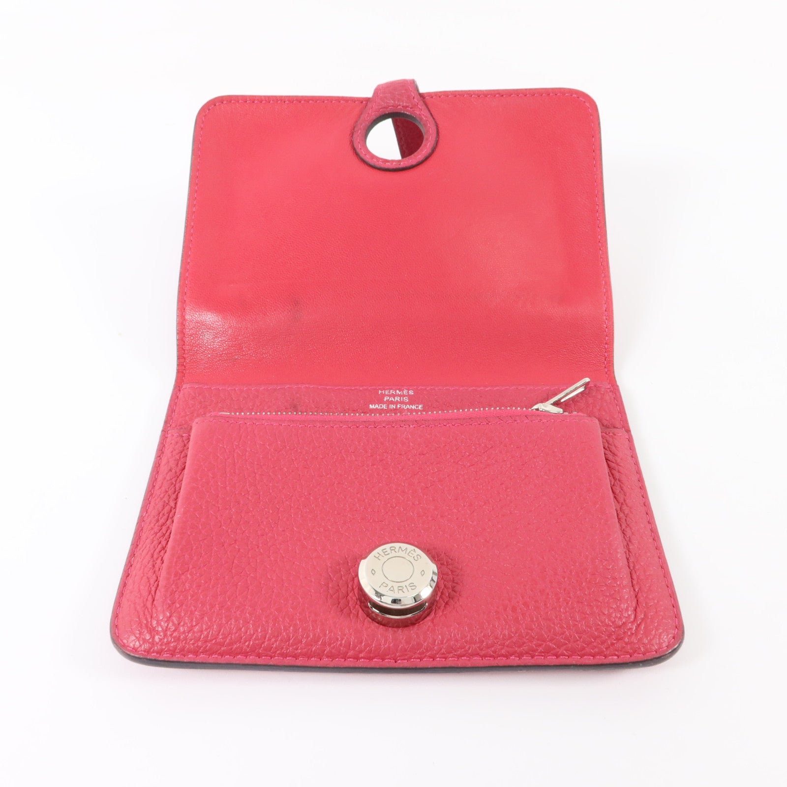 HERMES Clemence皮革Dogon Compact Wallet銀扣錢包Rose Mexico