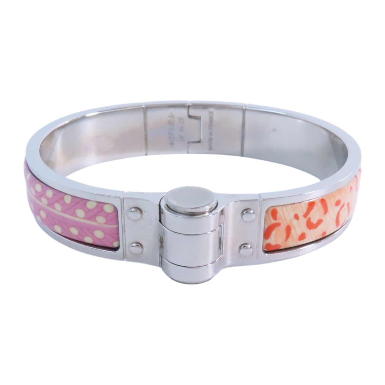 HERMES PHW Hinged Bracelet Bangle Metal Enamel Pink Orange Multicolor