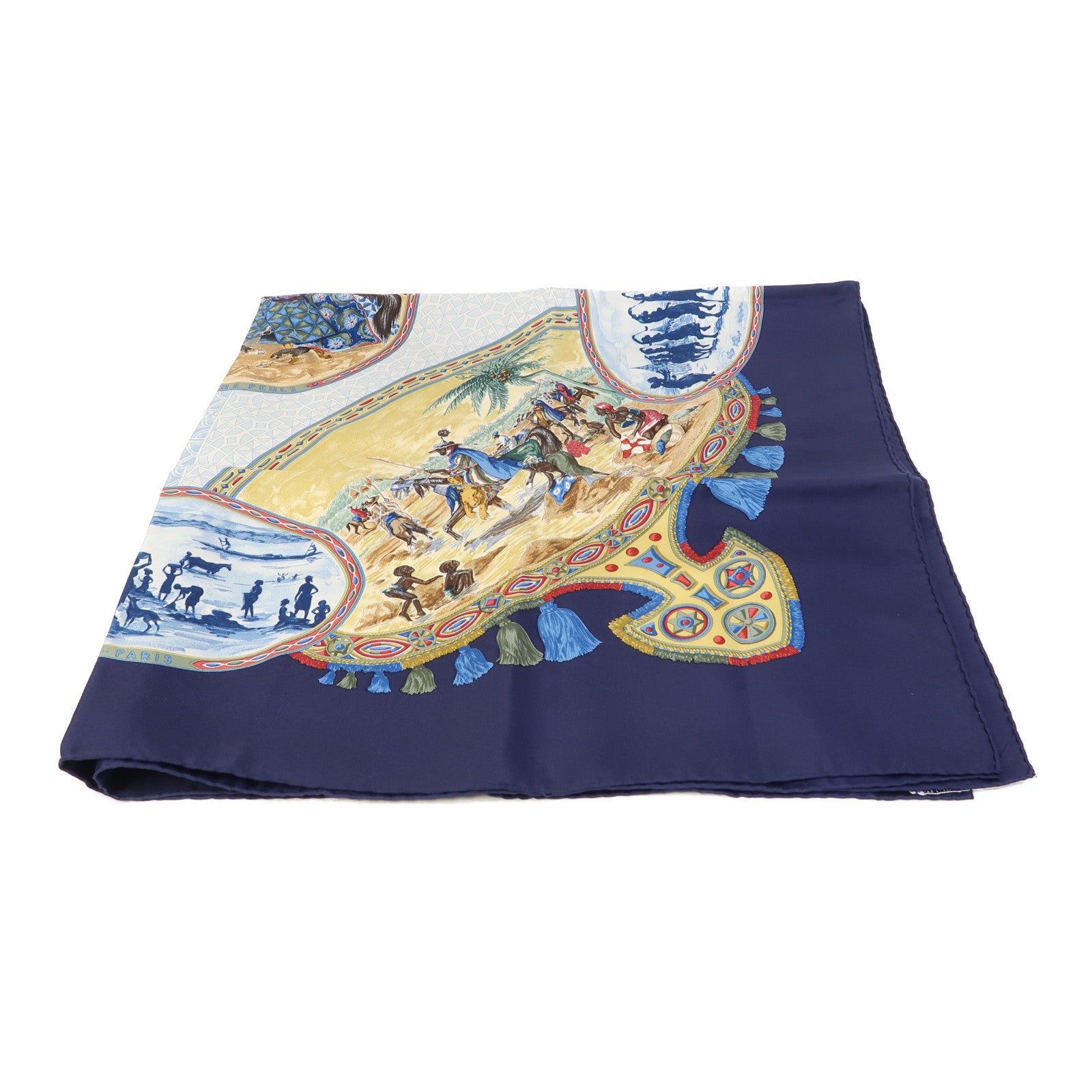 HERMES 絲質Scarf 90X90cm絲巾深藍色/彩色