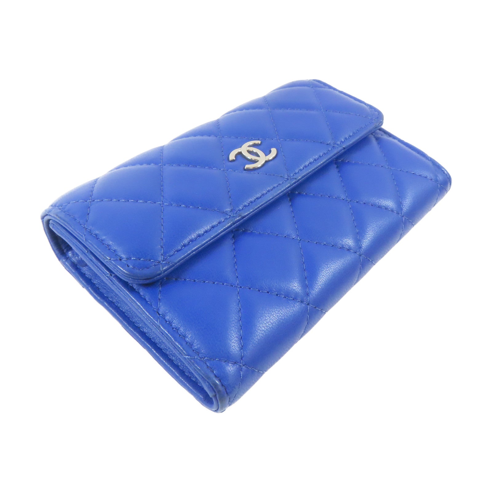 CHANEL 菱格羊皮皮革Wallet銀扣錢包藍色
