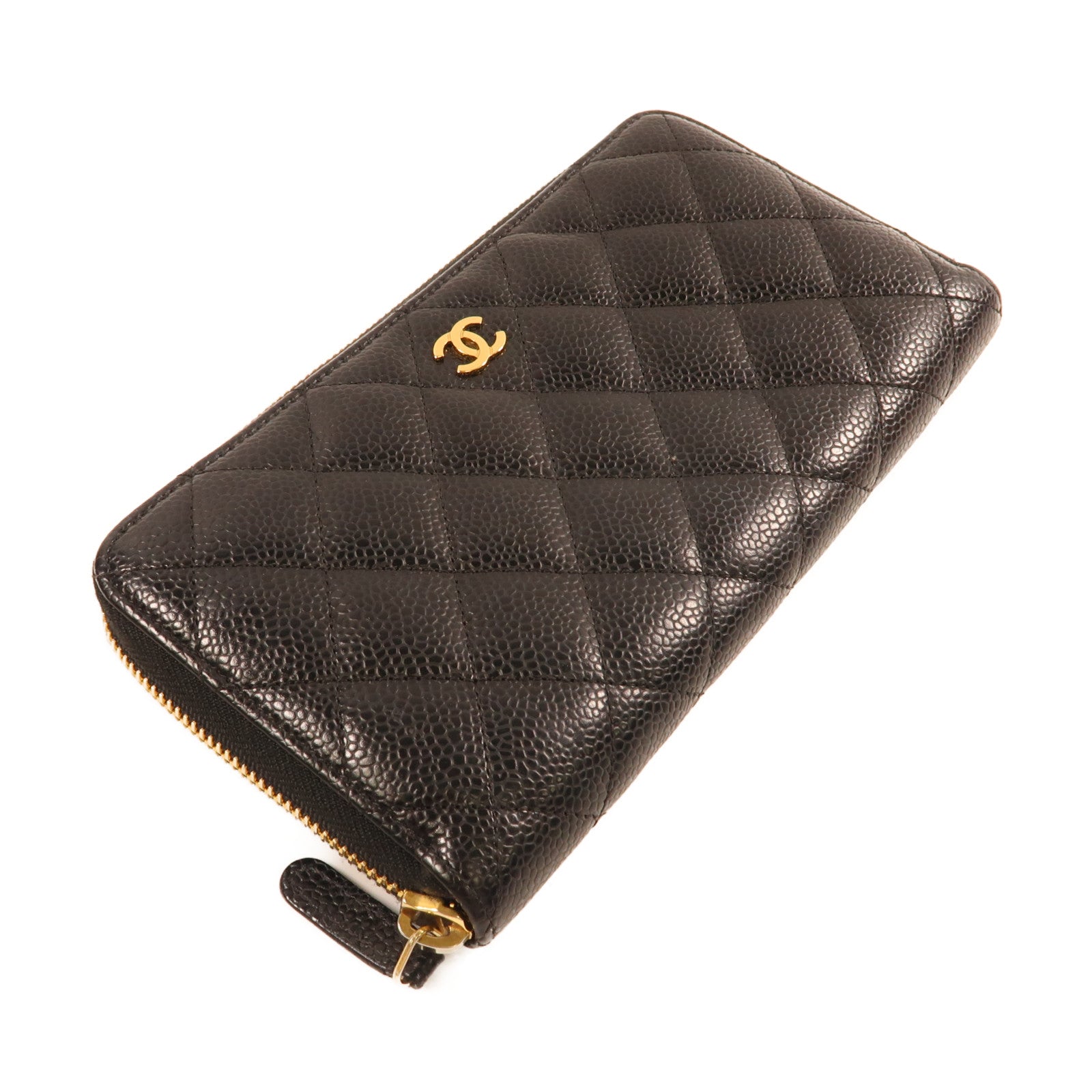 CHANEL 牛皮皮革Zipper Long Wallet金扣長錢包黑色