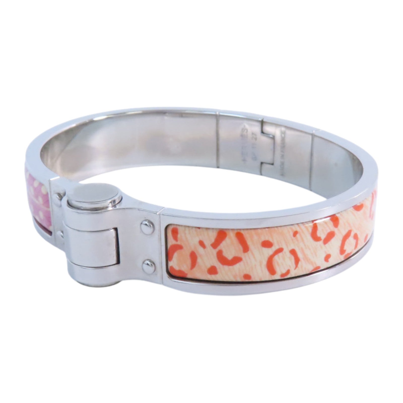 HERMES PHW Hinged Bracelet Bangle Metal Enamel Pink Orange Multicolor