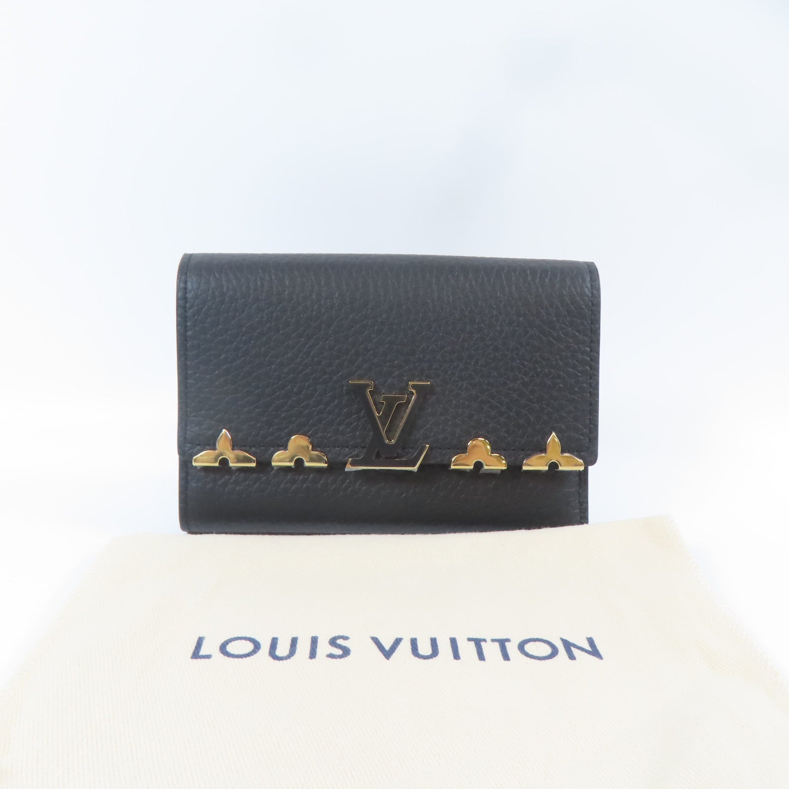 LOUIS VUITTON 牛皮皮革Trifold Wallet金扣錢包黑色