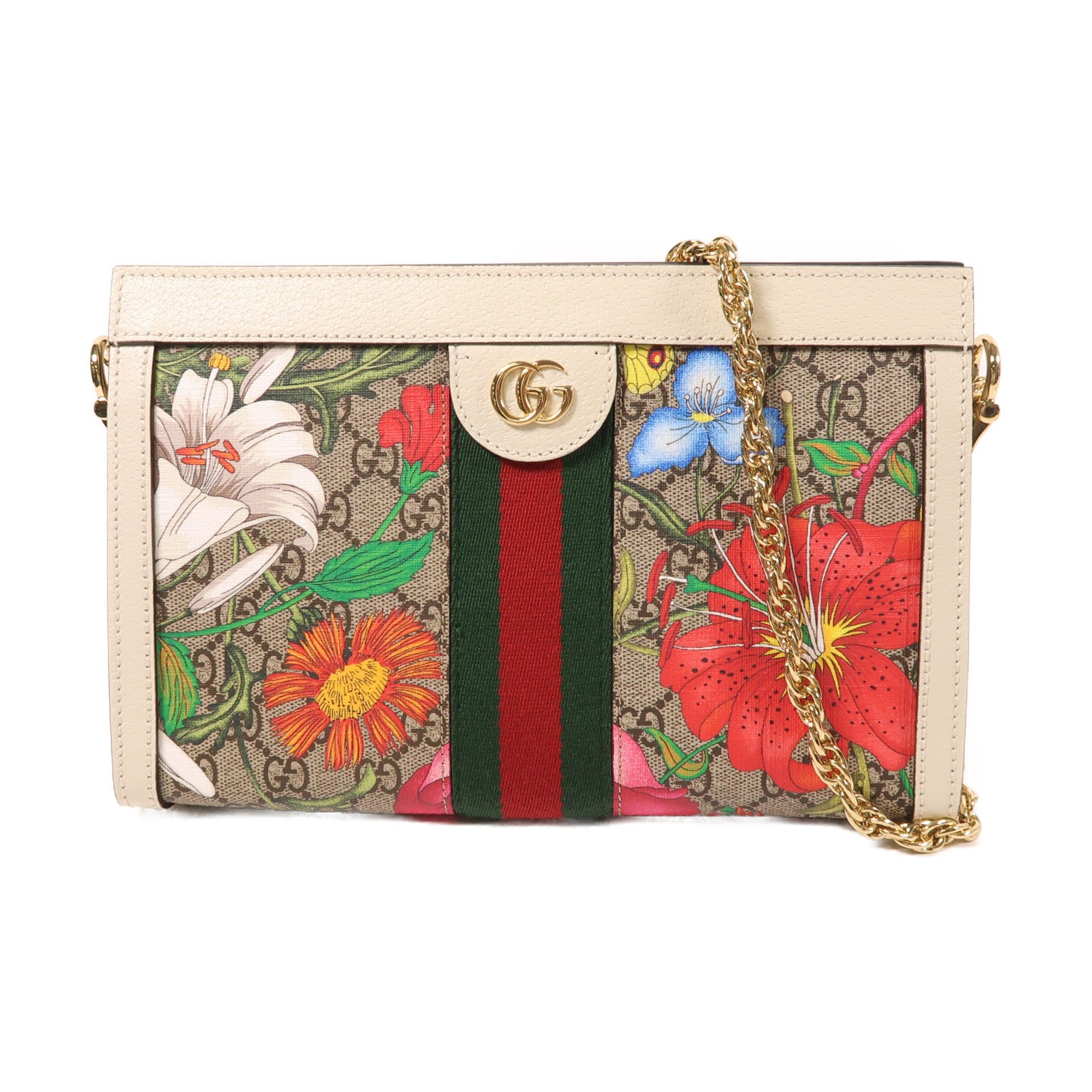 GUCCI 塗層帆布GG Supreme Ophidie金扣鏈帶肩背袋