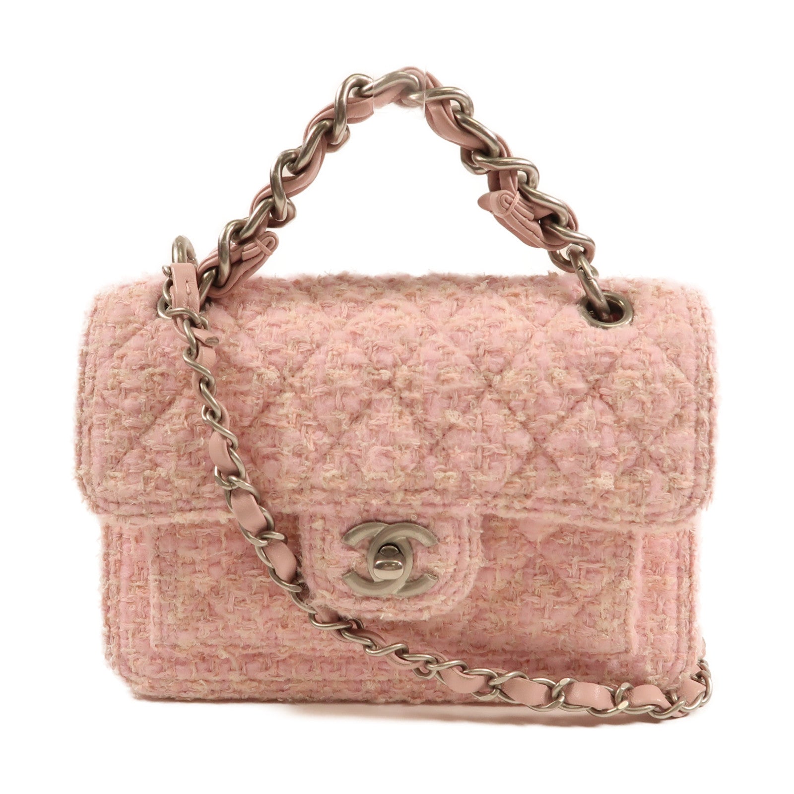 CHANEL 斜紋軟呢Mini Flap Bag銀扣鏈帶手挽肩背兩用袋