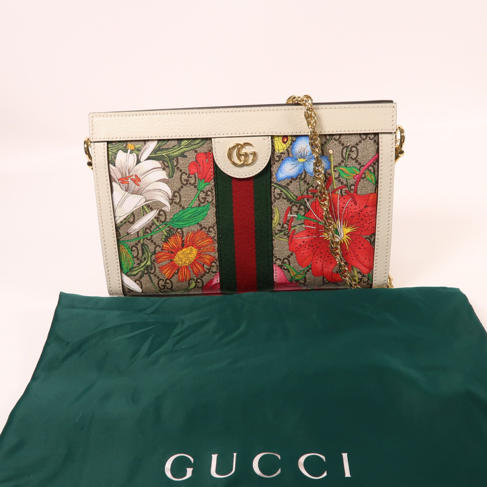 GUCCI 塗層帆布GG Supreme Ophidie金扣鏈帶肩背袋
