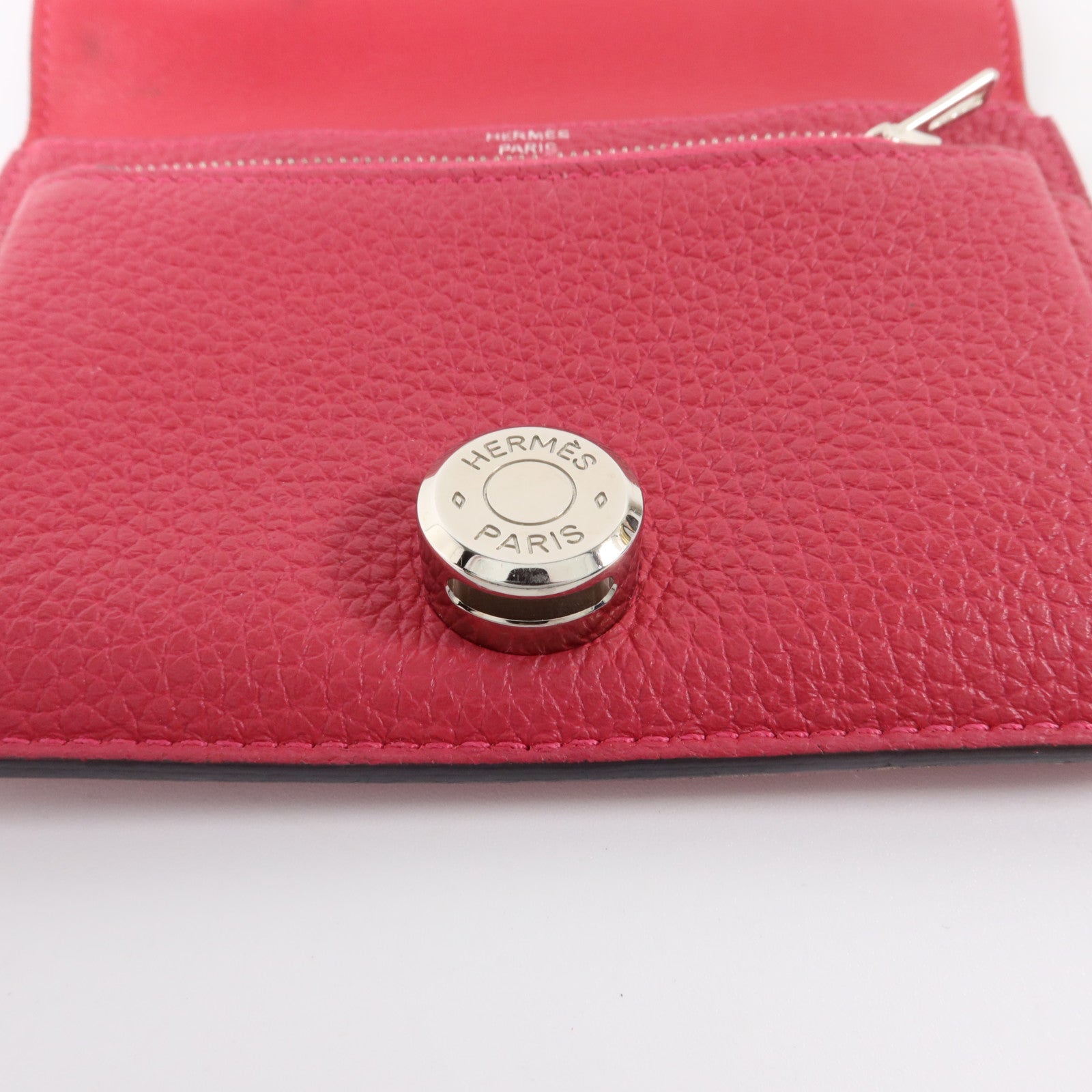 HERMES Clemence皮革Dogon Compact Wallet銀扣錢包Rose Mexico