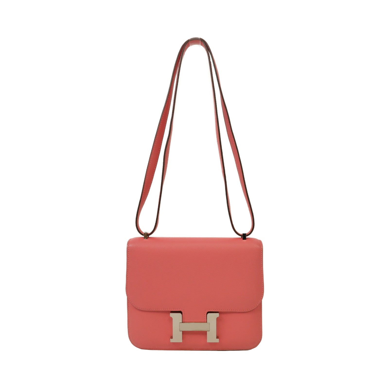 HERMES Evercolor皮革Constance Mini銀扣肩背袋杜鵑粉色