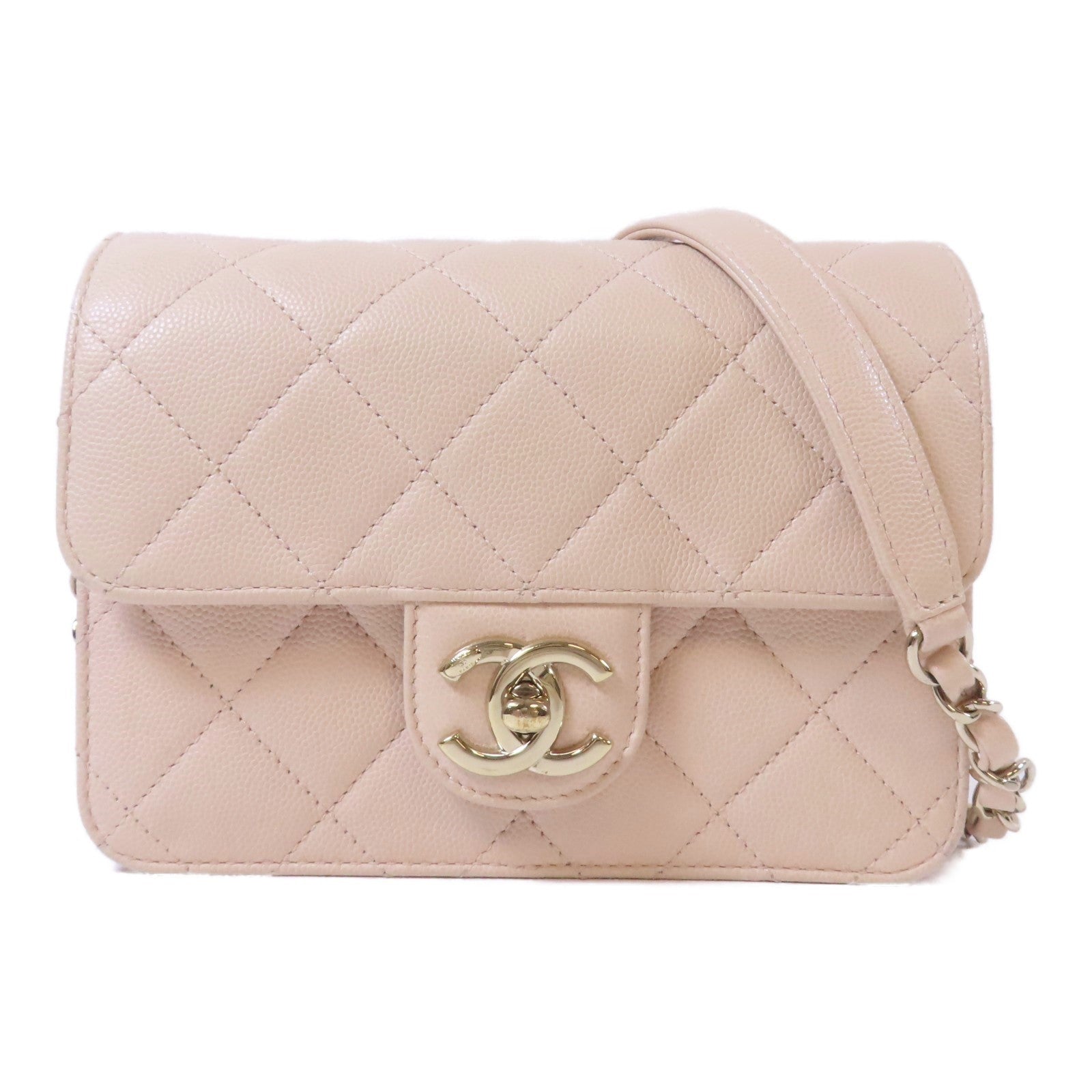 CHANEL 【激減優惠】菱格Caviar皮革Mini Flap Bag金扣鏈帶肩背袋米色