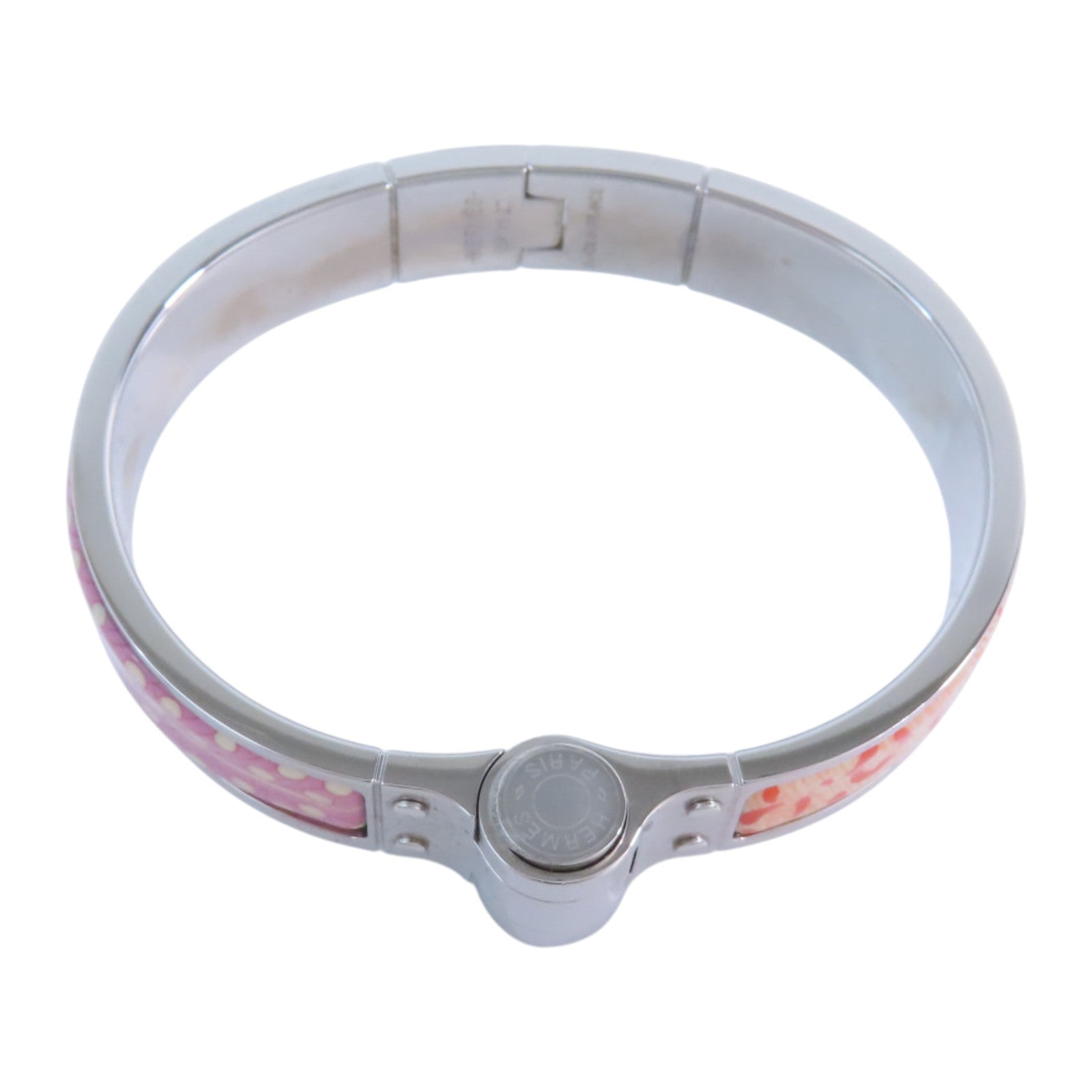 HERMES PHW Hinged Bracelet Bangle Metal Enamel Pink Orange Multicolor