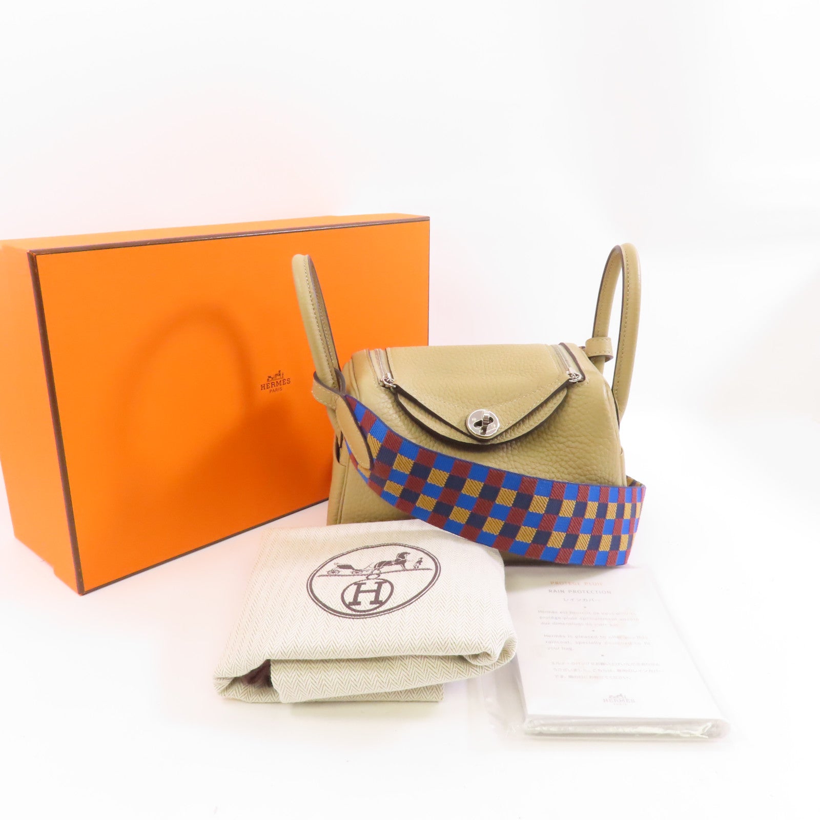 HERMES Clemence皮革Mini Lindy銀扣手挽肩背兩用袋Trench米色
