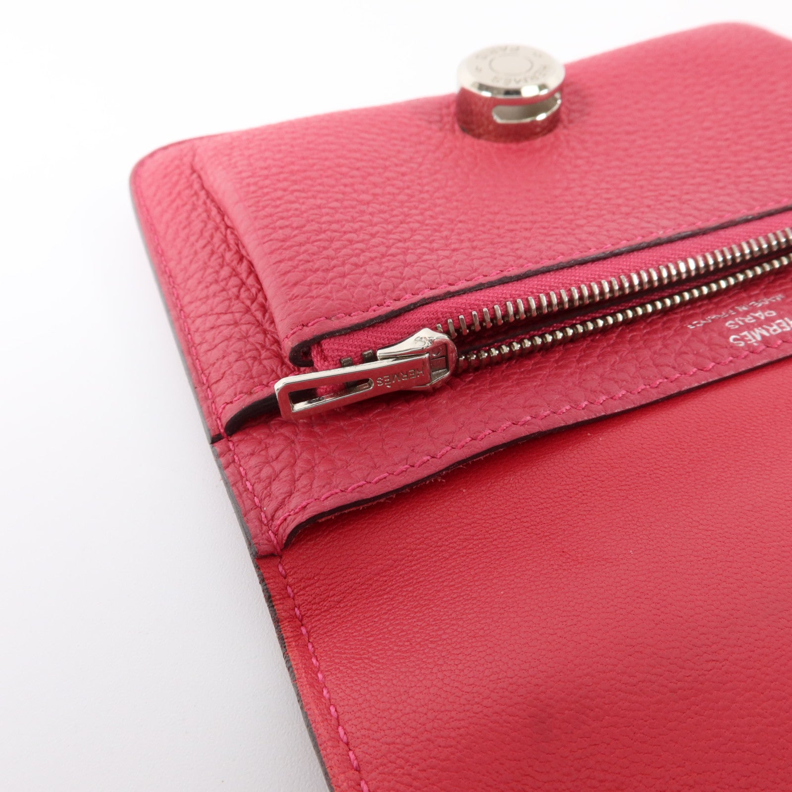 HERMES Clemence皮革Dogon Compact Wallet銀扣錢包Rose Mexico