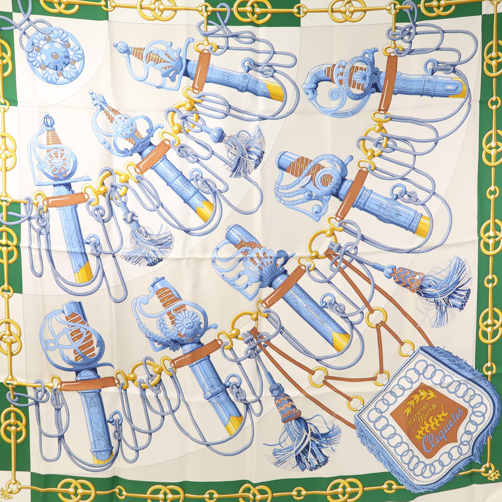 HERMES 絲質Scarf 90X90cm絲巾米色/綠色/藍色/啡色
