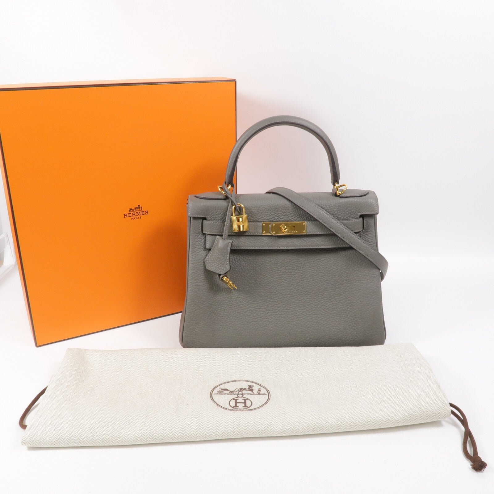 HERMES Clemence皮革Kelly 28手挽肩背兩用袋Gris Meyer
