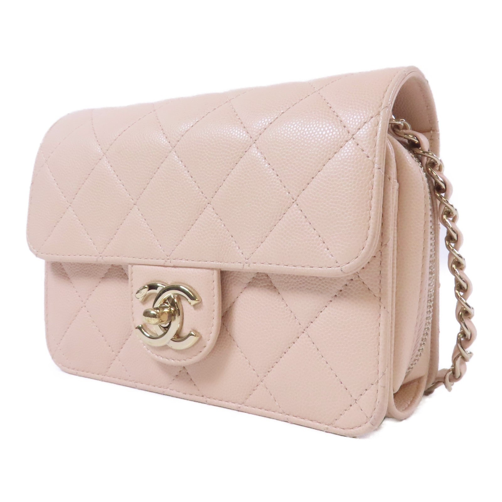 CHANEL 【激減優惠】菱格Caviar皮革Mini Flap Bag金扣鏈帶肩背袋米色