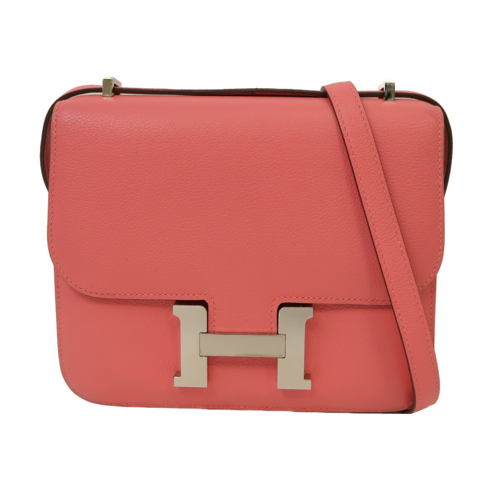 HERMES Evercolor皮革Constance Mini銀扣肩背袋杜鵑粉色