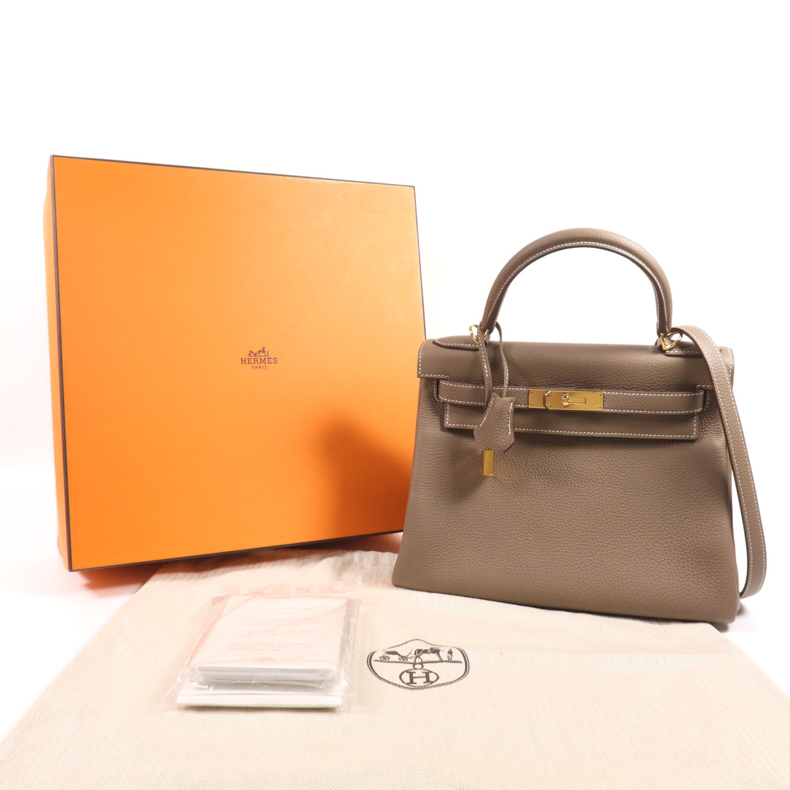 HERMES Togo皮革Kelly 28金扣手挽肩背兩用袋Etoupe