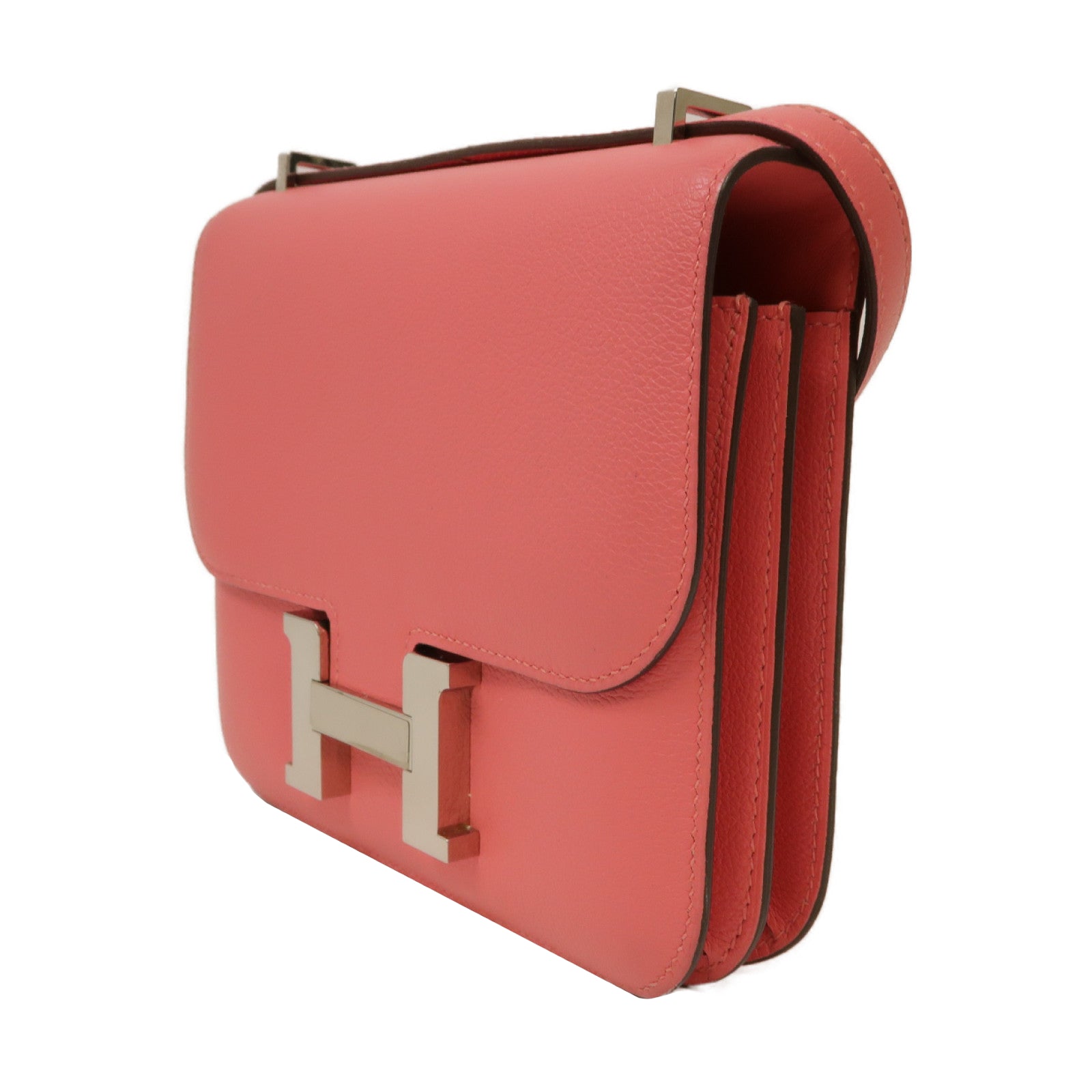 HERMES Evercolor皮革Constance Mini銀扣肩背袋杜鵑粉色