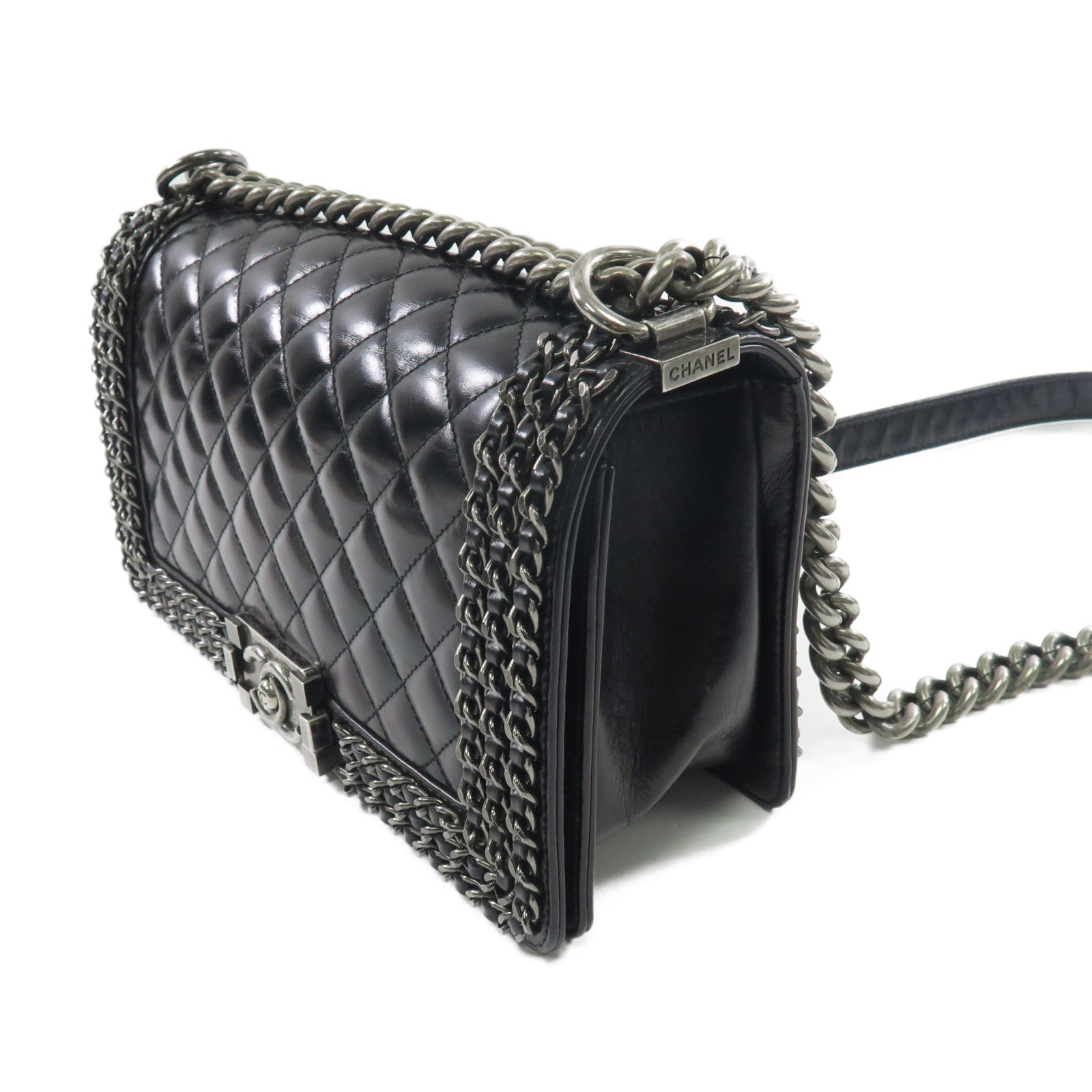 CHANEL 羊皮皮革Boy 25銀扣鏈帶肩背袋黑色