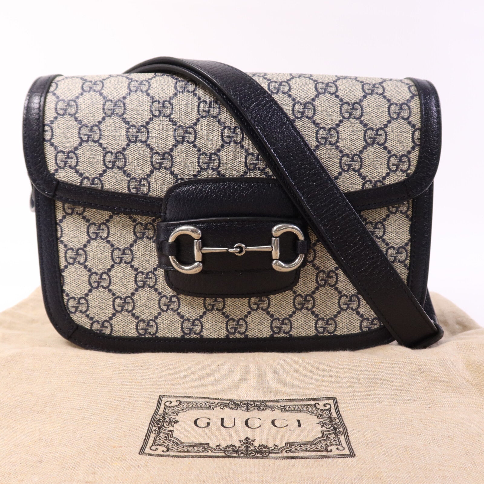 GUCCI 塗層帆布Horsebit 1955 MM銀扣肩背袋