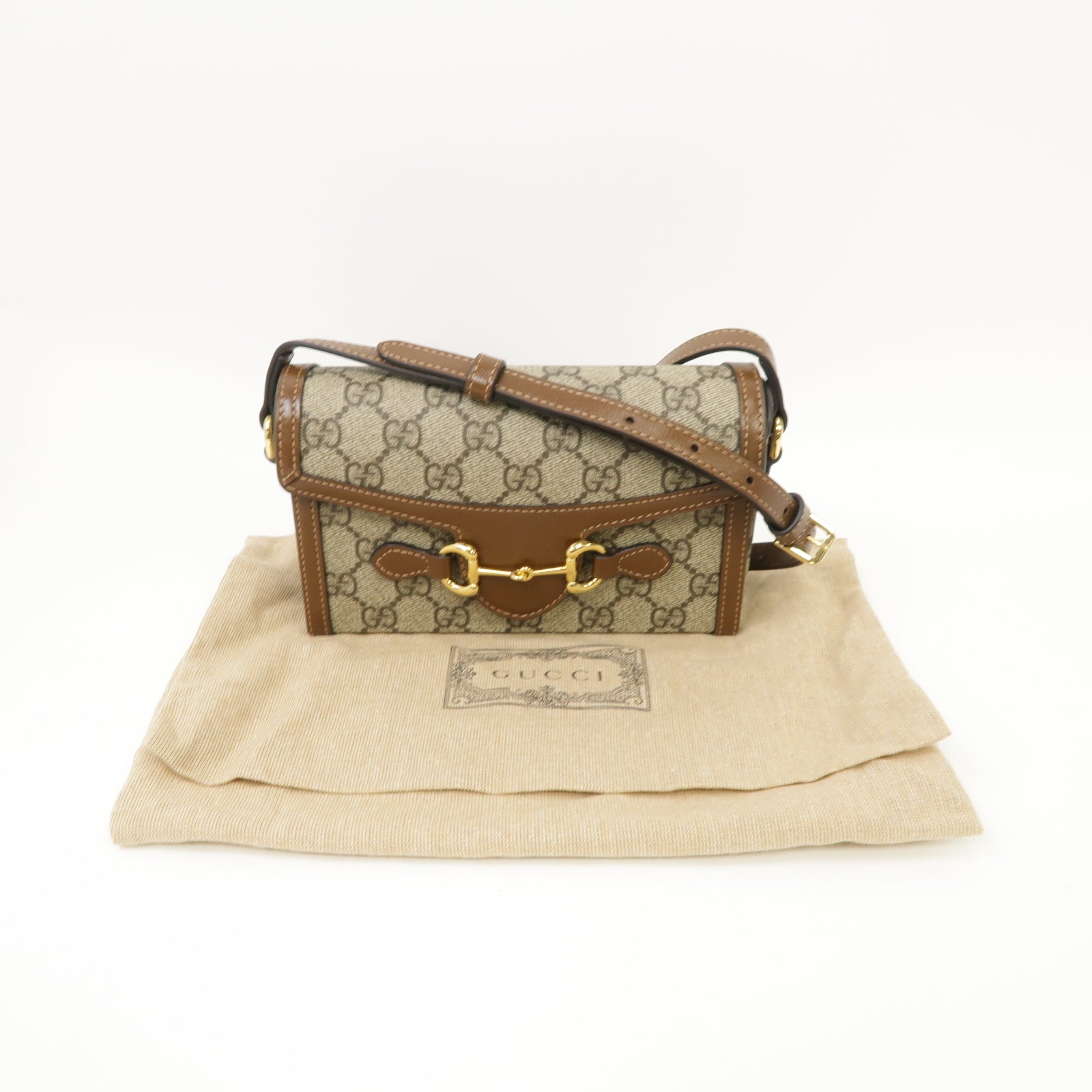 GUCCI 塗層帆布Horsebit 1955 Shoulder Bag金扣肩背袋啡色