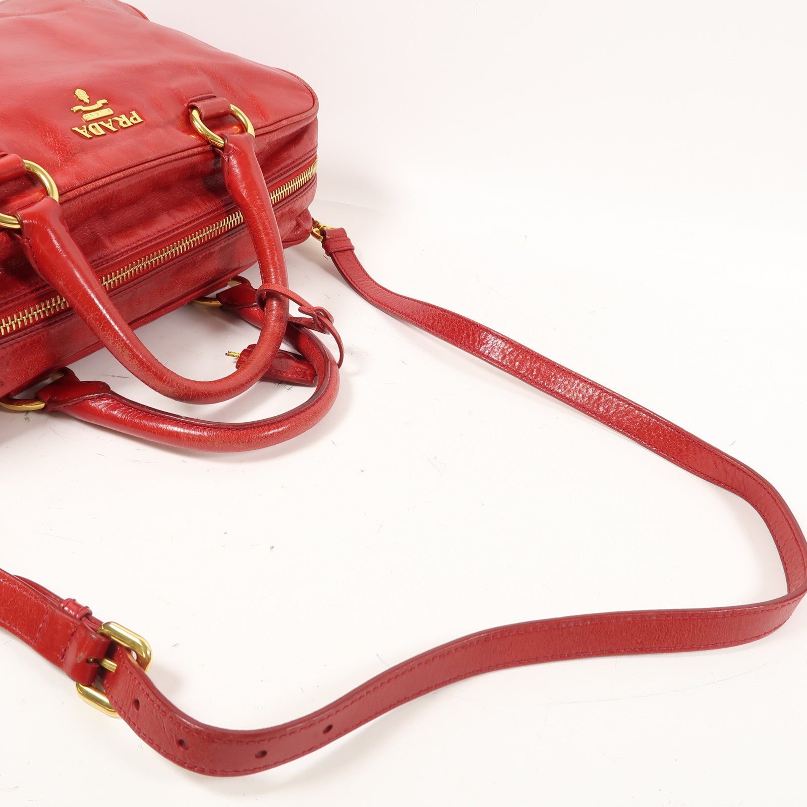 PRADA 牛皮皮革2 Way Shoulder金扣手挽肩背兩用袋紅色