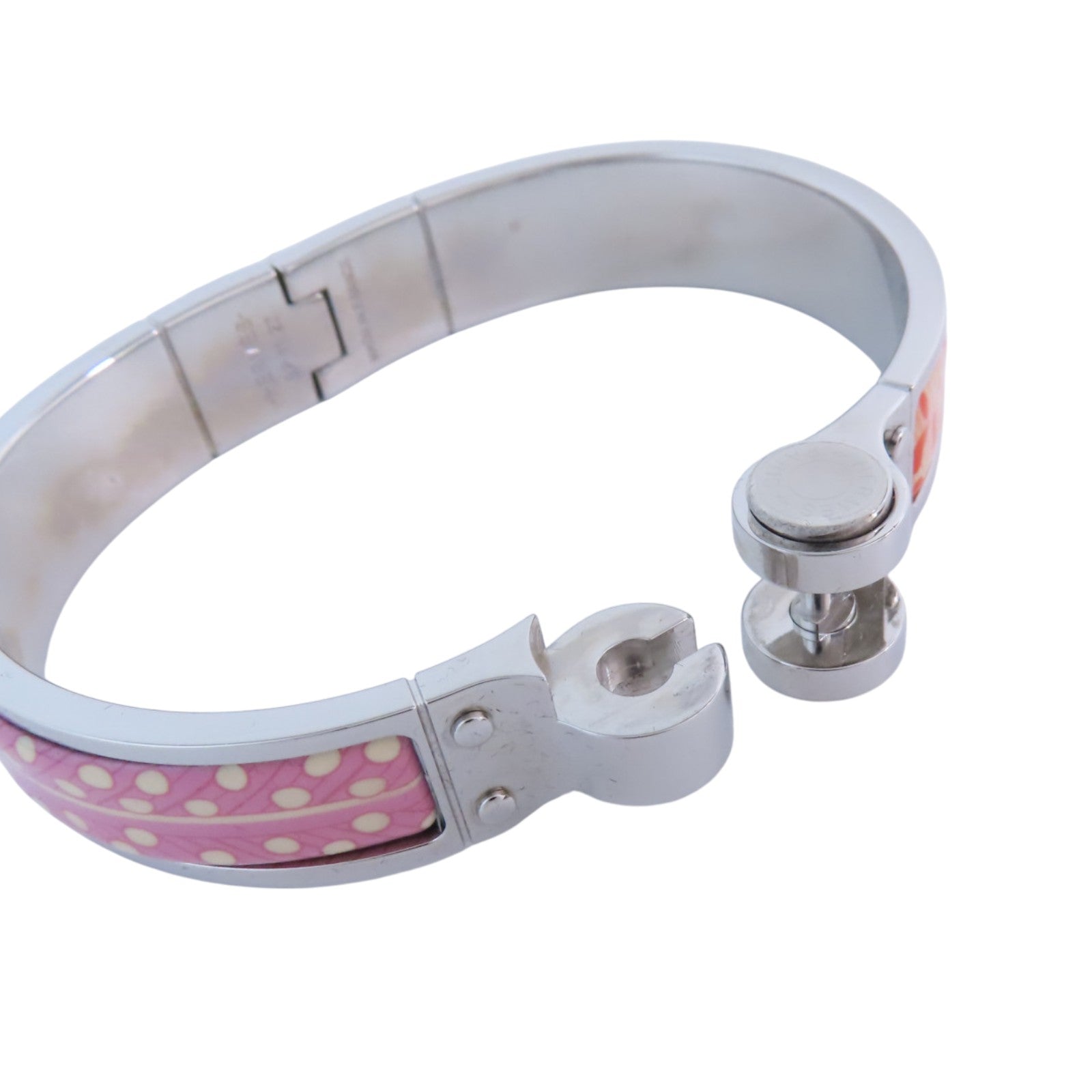 HERMES PHW Hinged Bracelet Bangle Metal Enamel Pink Orange Multicolor