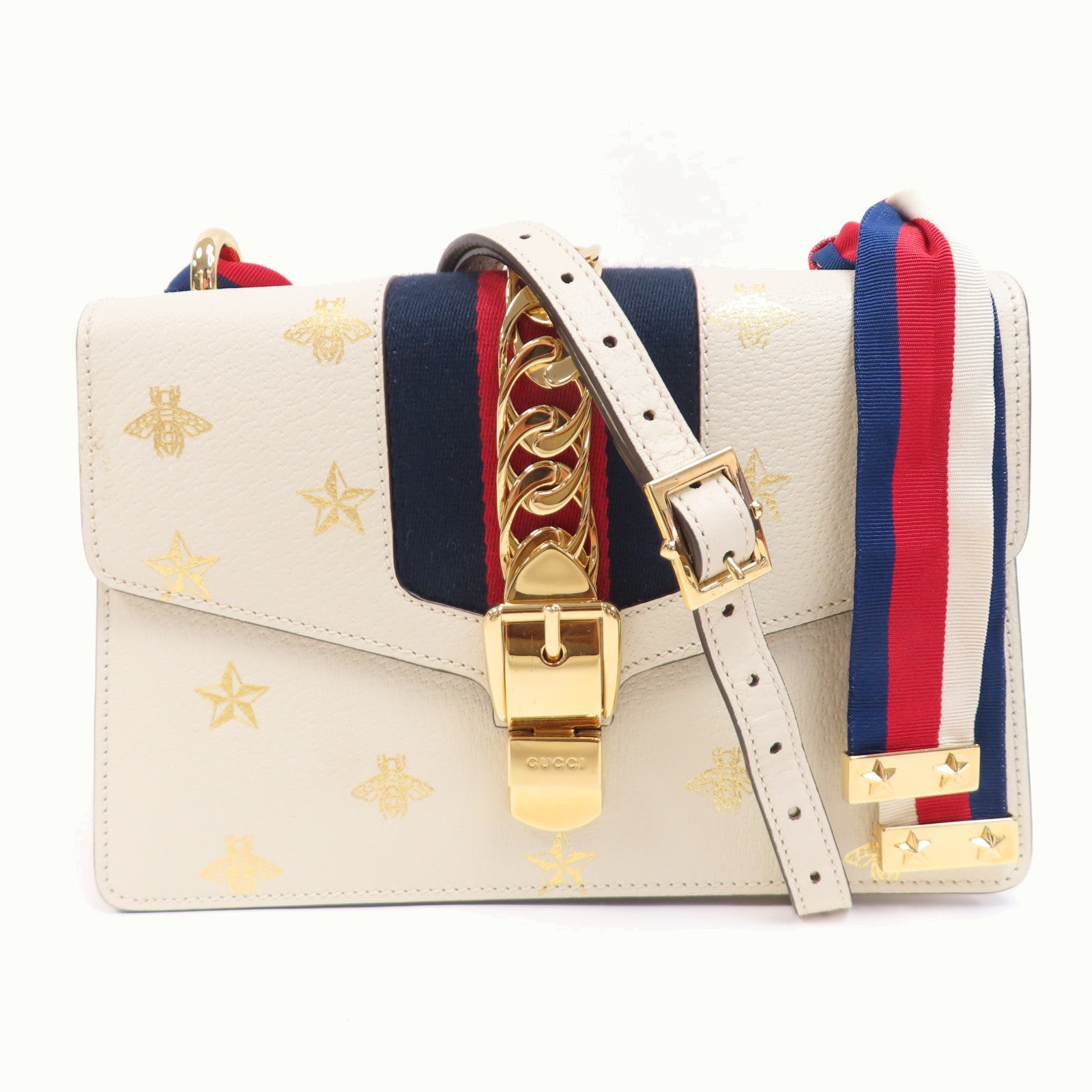 GUCCI 【激減優惠】牛皮皮革Sylvie金扣肩背袋白色