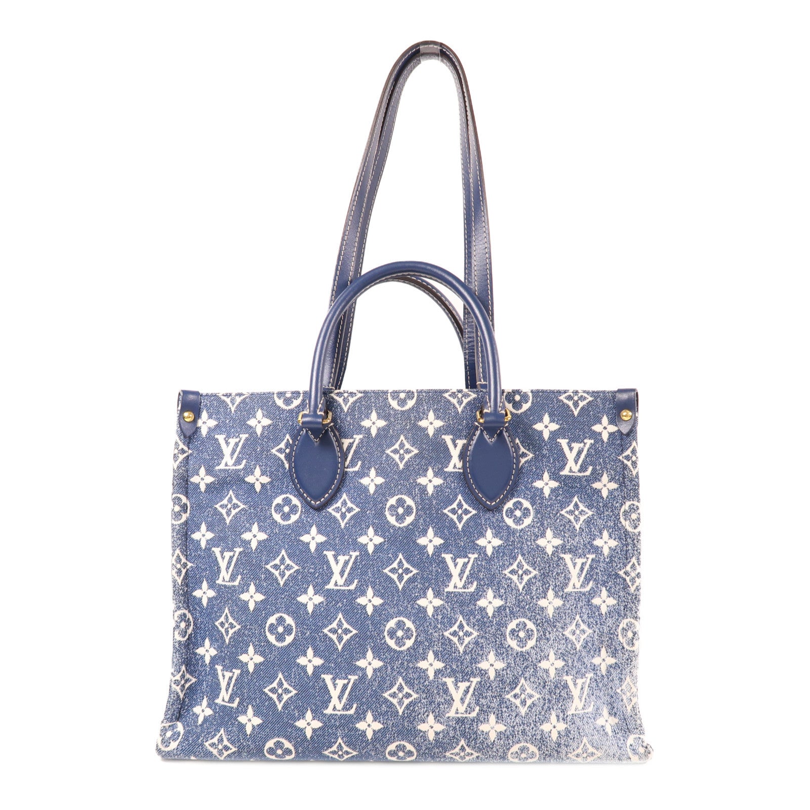 LOUIS VUITTON Monogram Denim OnTheGo MM金扣手挽肩背兩用袋藍色