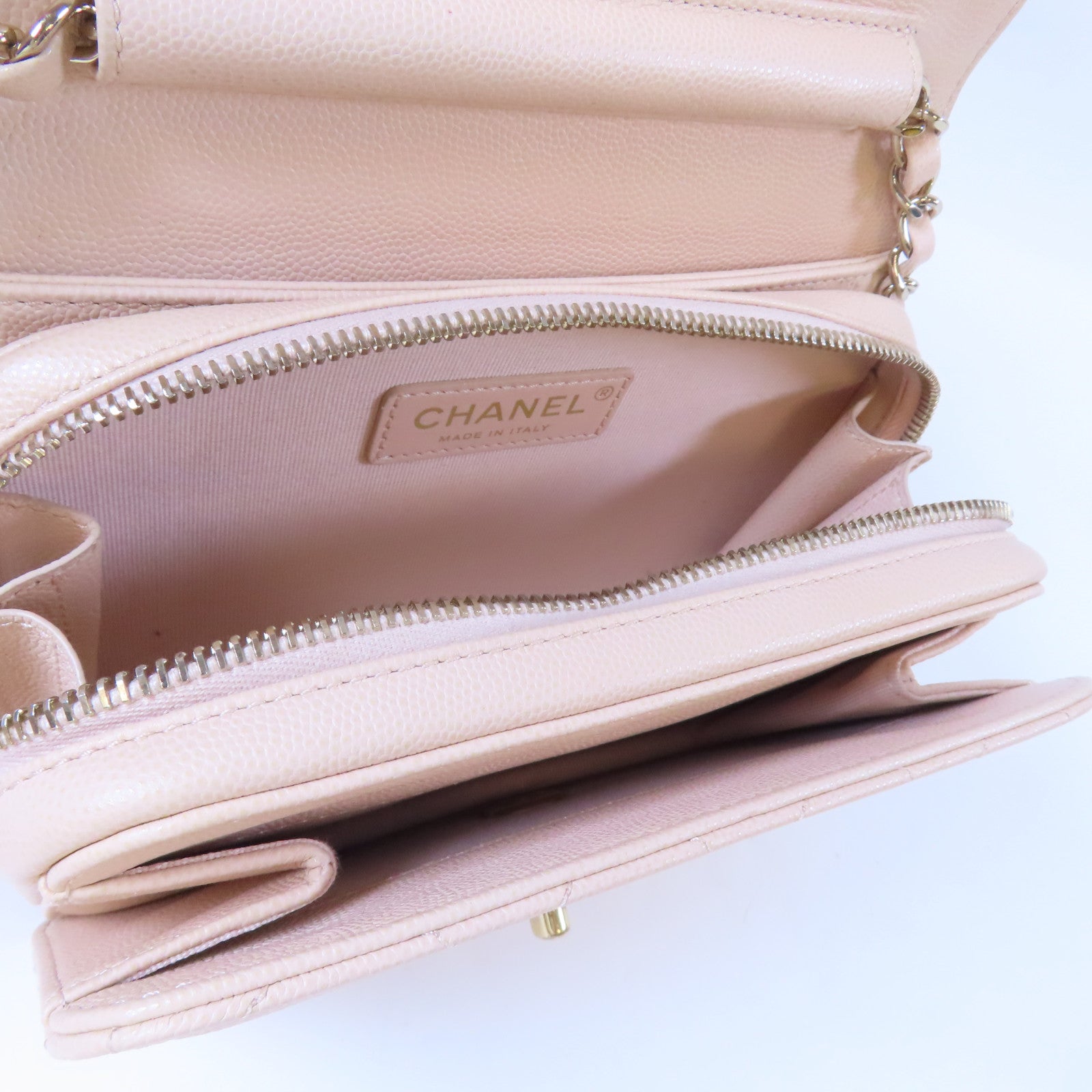 CHANEL 【激減優惠】菱格Caviar皮革Mini Flap Bag金扣鏈帶肩背袋米色