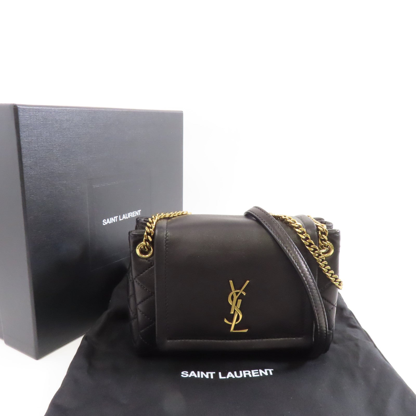SAINT LAURENT 羊皮皮革Mini Nolita Bag金扣鏈帶肩背袋黑色