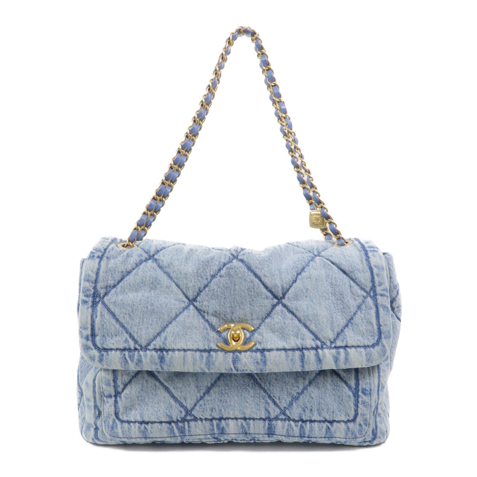 CHANEL 牛仔布Denim Large Flap Bag鏈帶肩背袋