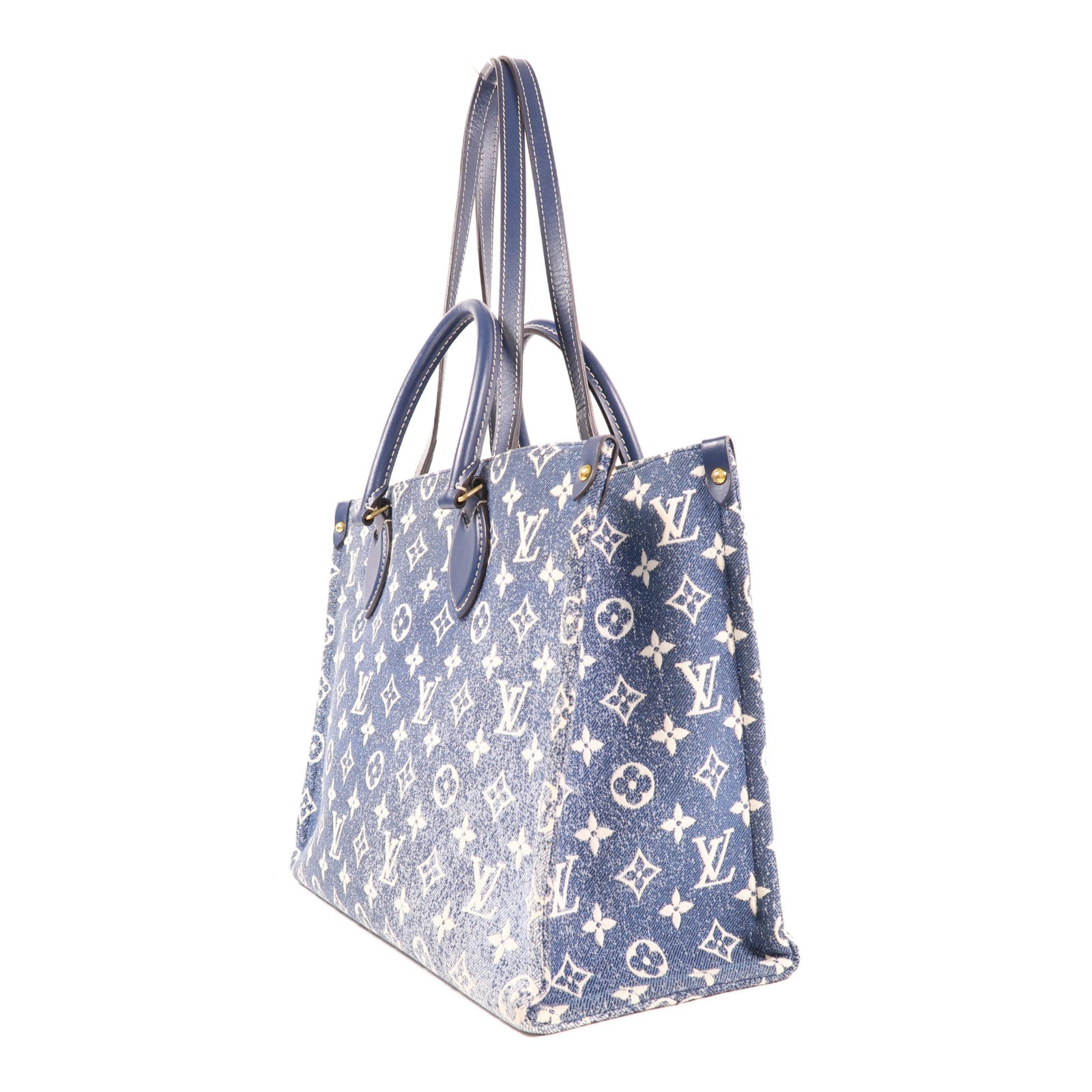 LOUIS VUITTON Monogram Denim OnTheGo MM金扣手挽肩背兩用袋藍色