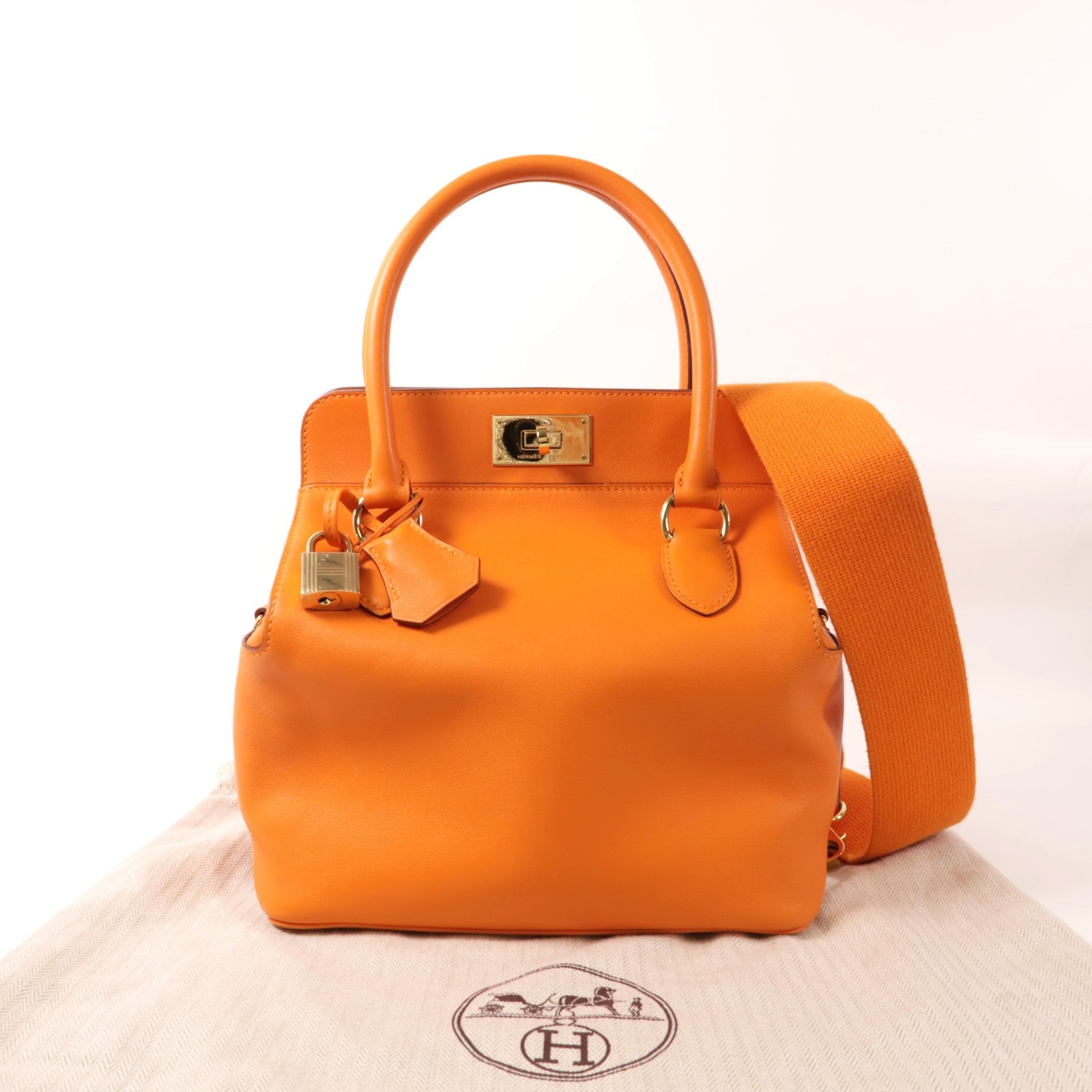 HERMES GHW Tool Box 20 2 Way Shoulder Bag Handbag Swift Leather Orange