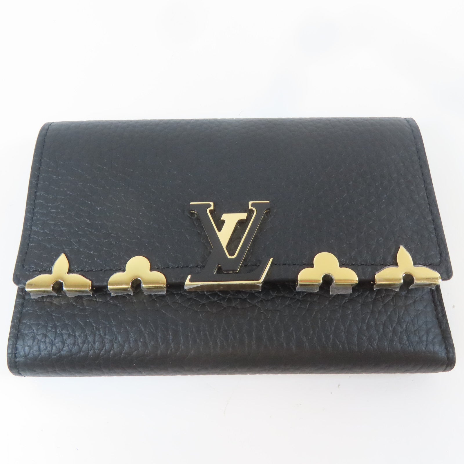 LOUIS VUITTON 牛皮皮革Trifold Wallet金扣錢包黑色
