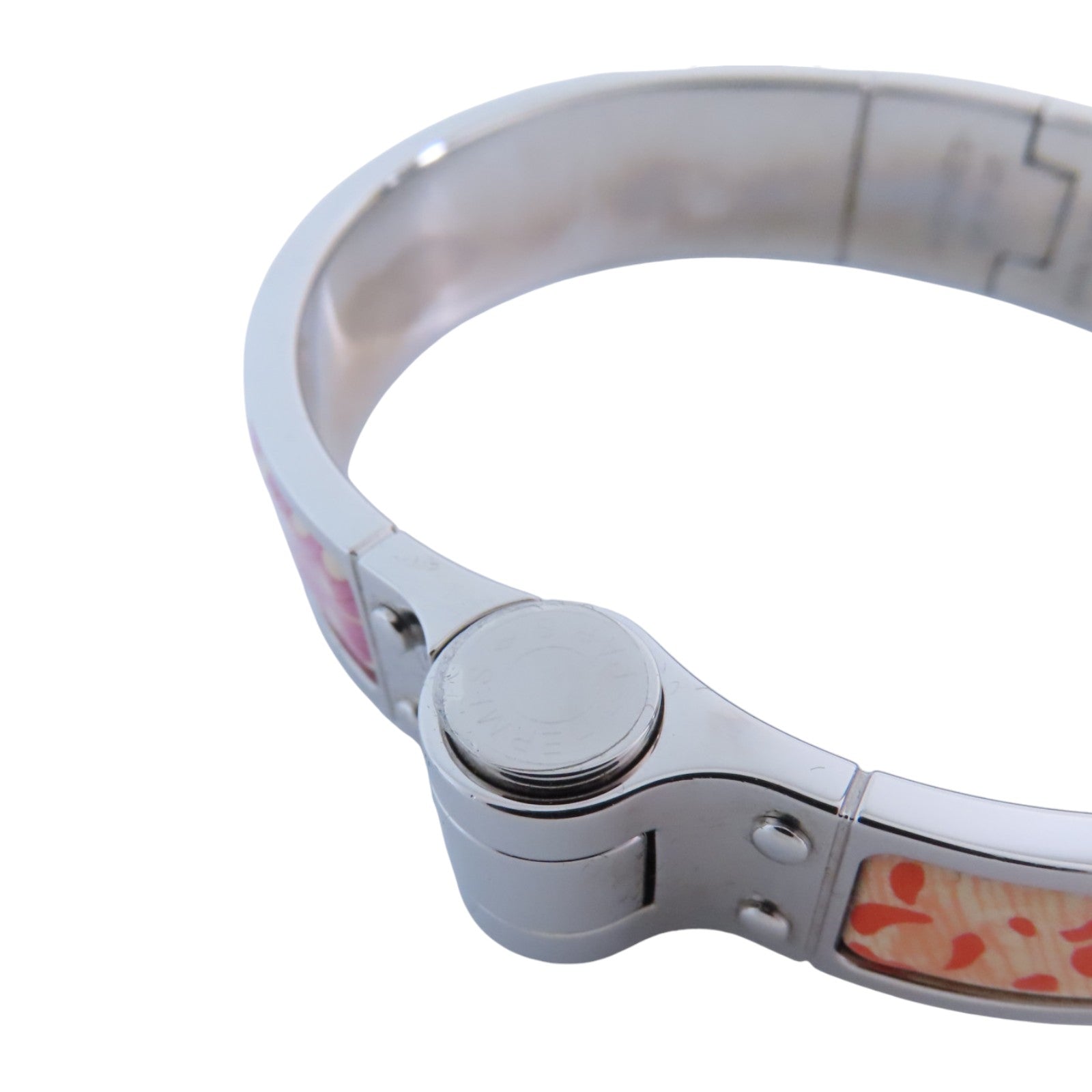 HERMES PHW Hinged Bracelet Bangle Metal Enamel Pink Orange Multicolor