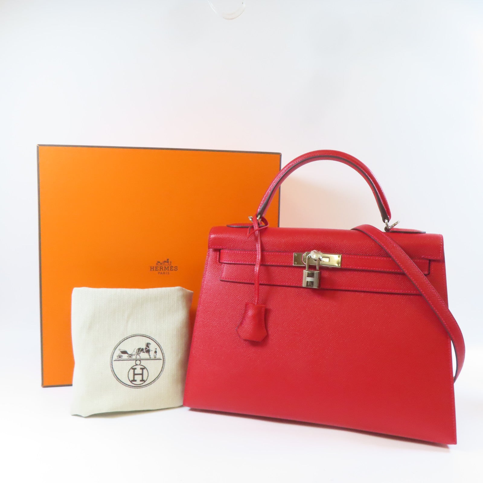 HERMES Epsom皮革Kelly 32 Sellier銀扣手挽肩背兩用袋法拉利紅
