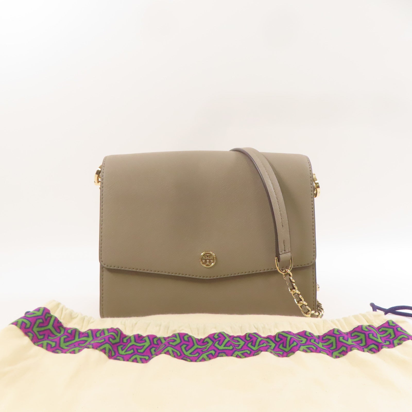 Tory Burch 牛皮皮革Shoulder Bag金扣肩背袋卡其色