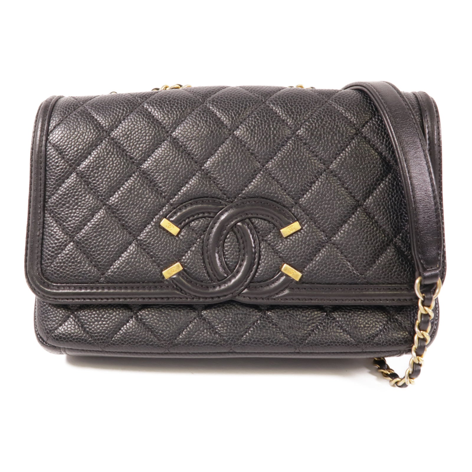 CHANEL 牛皮皮革Chain Shoulder金扣鏈帶肩背袋