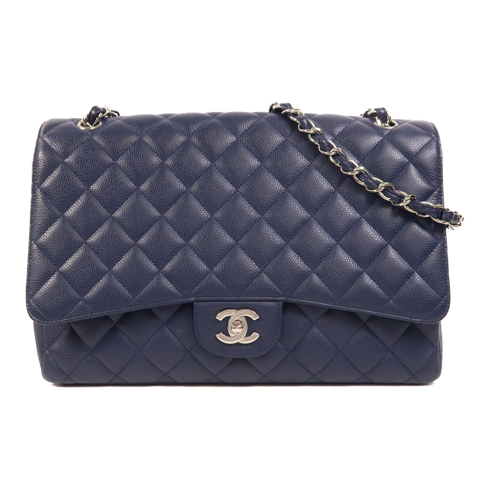 CHANEL 牛皮皮革Maxi Classic銀扣鏈帶肩背袋