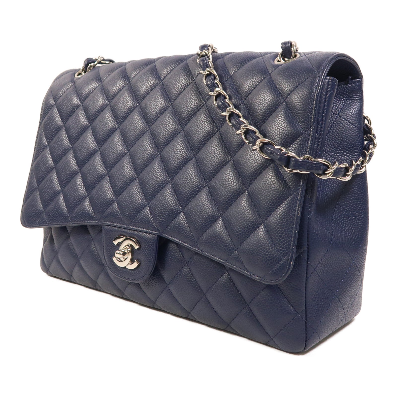 CHANEL 牛皮皮革Maxi Classic銀扣鏈帶肩背袋