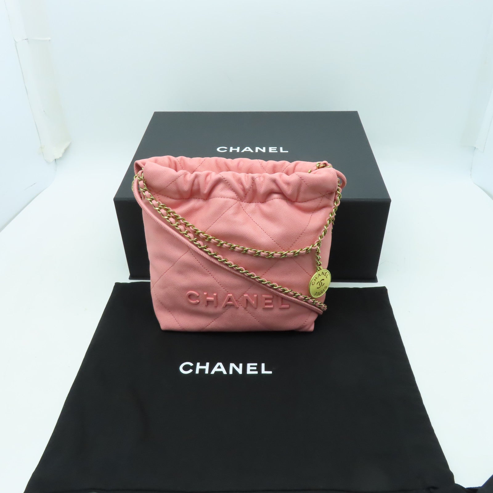 CHANEL 【激減優惠】Caviar皮革Mini 22金扣肩背袋粉紅色