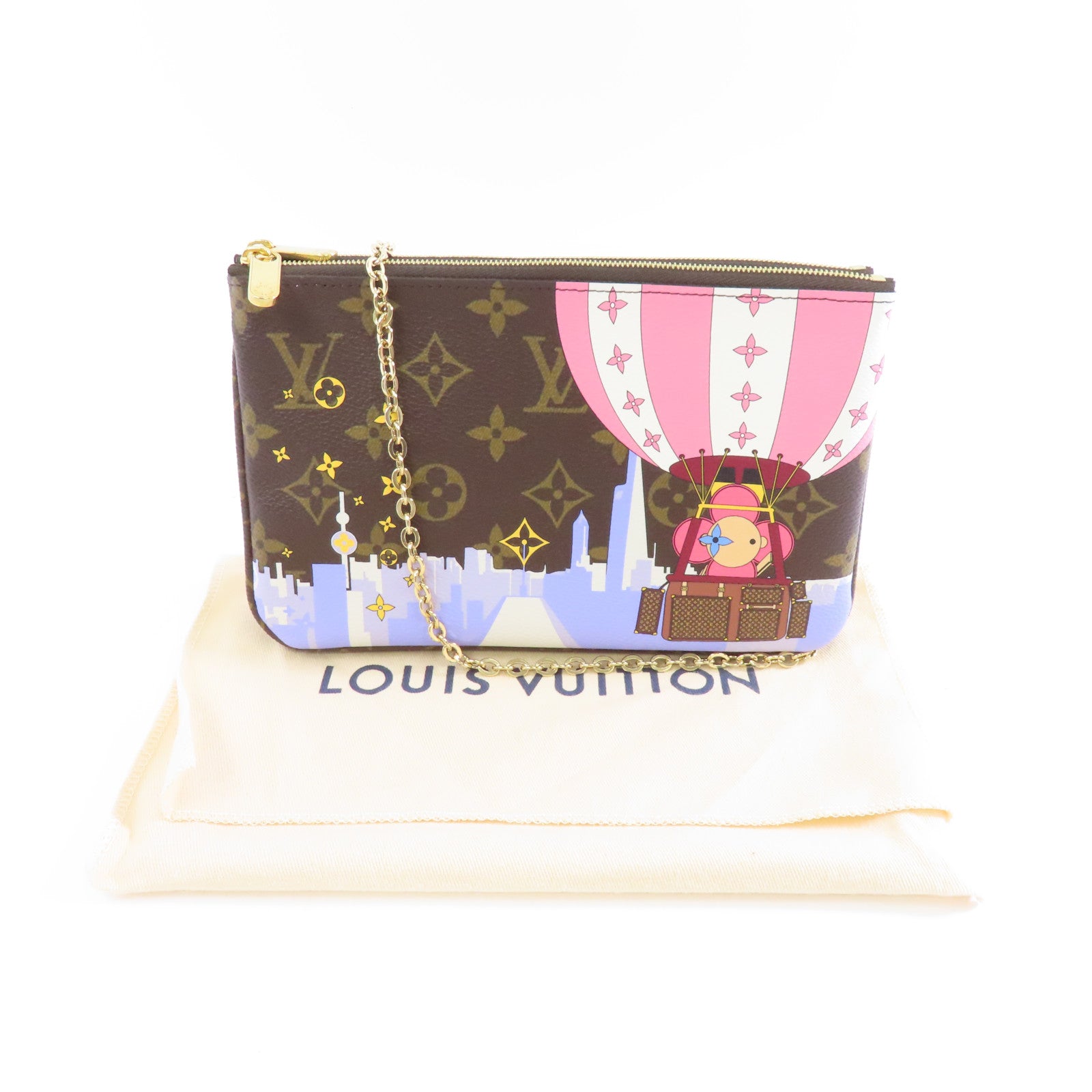 LOUIS VUITTON Monogram Pochette Double Zip金扣鏈帶肩背袋棕色