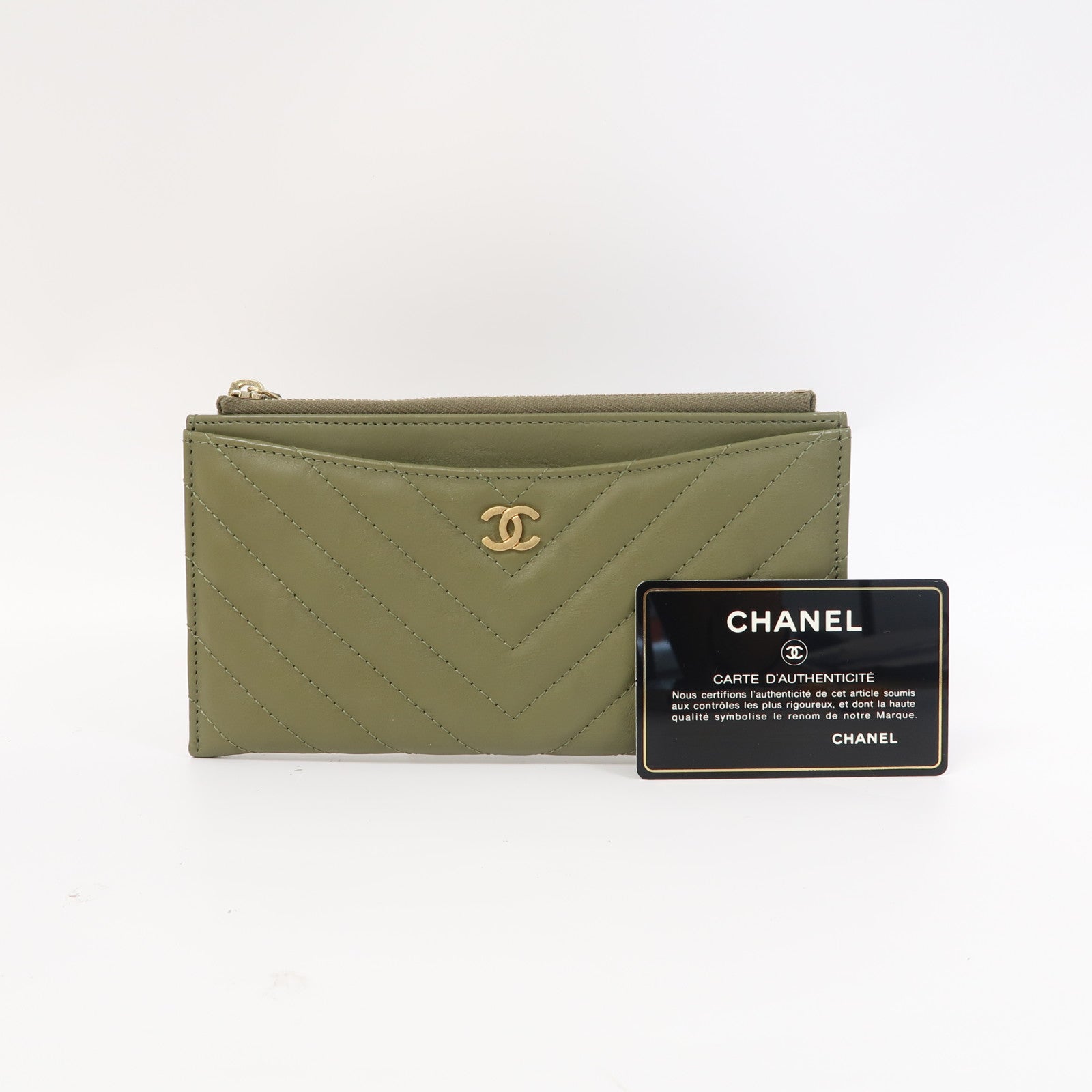 CHANEL 斜紋牛皮皮革Long Wallet金扣長錢包綠色